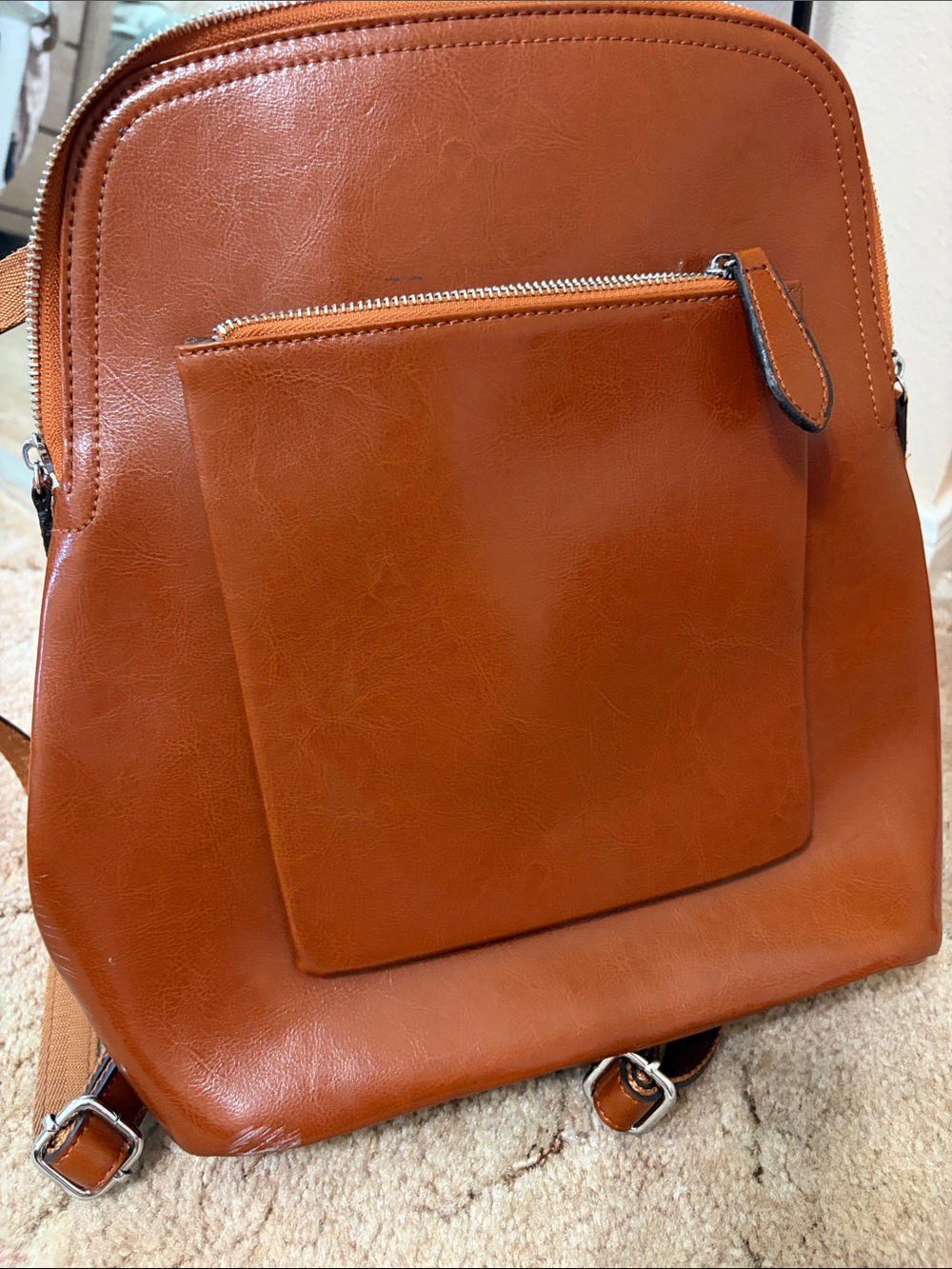Classic Tan Faux Leather Backpack with Front Zip Pocket